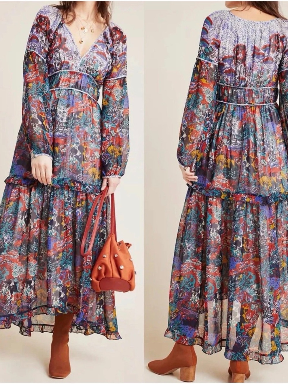 Anthropologie Maeve Multicolor Floral V-Neck Tiered Maxi Dress